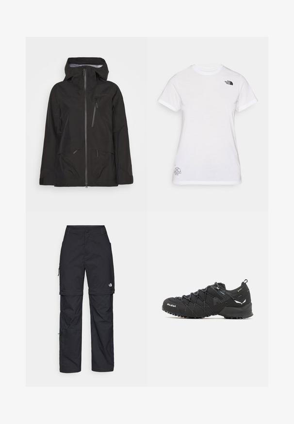 Black waterproof jacket featuring a zip front, adjustable hood, multiple zippered pockets, and a smooth texture with a modern cut.; White cotton t-shirt featuring a black logo on the left chest and a gray graphic design at the bottom right. Classic crew neck and short sleeves.; Black nylon zip-off cargo trousers with adjustable cuffs, multiple pockets, and a logo on the right leg. Smooth, lightweight texture.; Black hiking shoes with a textured fabric upper, lacing system, and rugged rubber sole. Accented with reflective details and logos.