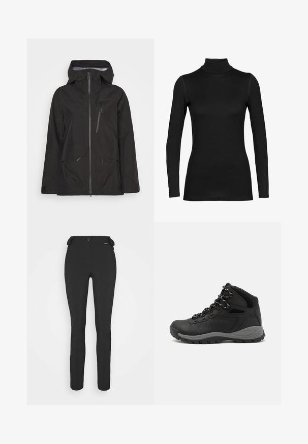 Giacca nera impermeabile con zip anteriore, cappuccio regolabile, numerose tasche con zip e una texture liscia con un taglio moderno.; Maglione a maniche lunghe nero con collo alto, realizzato in un tessuto liscio ed elasticizzato. Presenta un design aderente con spalle senza cuciture e un collo alto.; Pantaloni neri aderenti realizzati in materiale flessibile. Presentano una tasca laterale con zip, ginocchia articolate e una texture liscia.; Stivale da trekking nero con design a metà altezza, dotato di una tomaia texturizzata, accenti grigi e suola in gomma resistente con tasselli per la trazione.