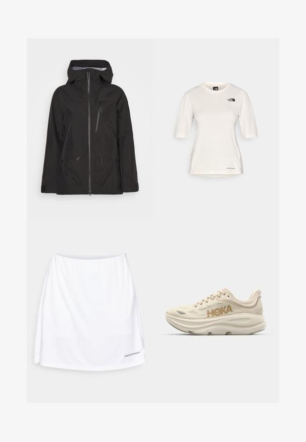 Veste noire imperméable avec fermeture éclair à l'avant, capuche ajustable, plusieurs poches zippées et une texture lisse avec une coupe moderne.; The North Face SHADOW SHORT SLEEVE - T-shirt de sport - white dune; Jupe de sport blanche avec une texture lisse, une taille large et un logo dans le coin inférieur droit. Présente une coupe ample pour un confort optimal.; Baskets de course beige clair avec tige en mesh, col rembourré, logo "HOKA" en or bien en évidence, et semelle épaisse et rembourrée pour plus de confort.