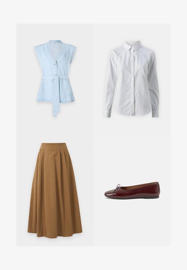 Šviesiai mėlynas džinsinis liemenė su trumpomis rankovėmis, V formos iškirpte, dviem mygtukais ir juosmens diržu. Pabrėžia kontrastingą siuvinėjimą ir išplatintą siluetą.; Balta marškinėliai su mygtukais, pagaminti iš lygios medvilnės, su klasikiniais apykaklės, ilgomis rankovėmis ir lenktu kraštu. Mygtukai maži ir balti.; Ruda medvilninė A formos sijonas su aukštu liemeniu, puikuojantis klostėmis priekyje ir lygia tekstūra. Apdailos kraštai yra švarūs ir paprasti.; Bordo lakiotos odos baleto bateliai su apvalia nosimi, maža kaspinėlio akcentu priekyje ir žema juoda guma padanga. Lygi tekstūra.