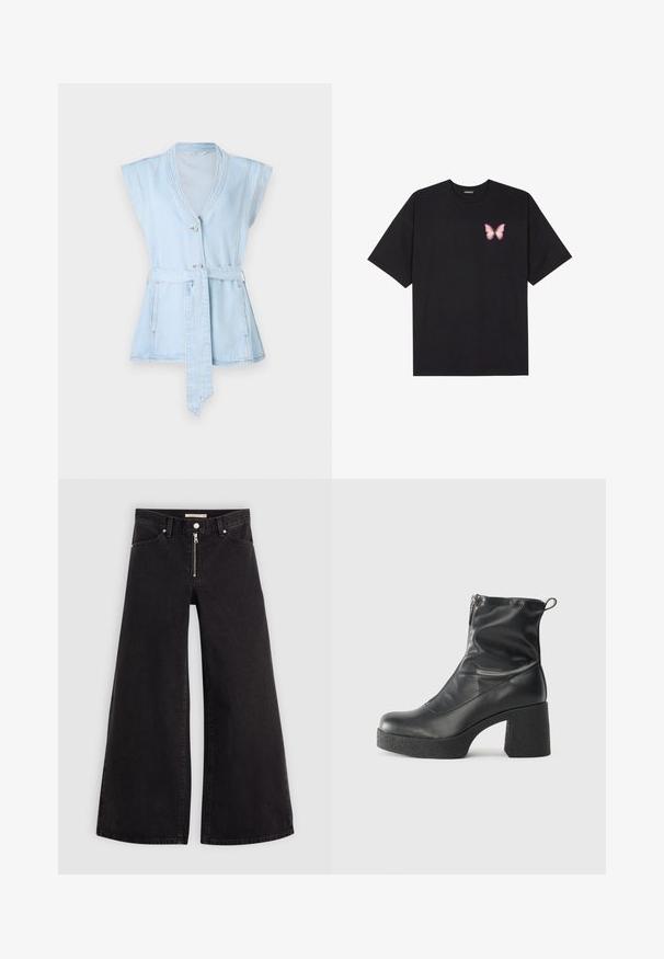 Svetlo modra denim jakna brez rokavov, s kratkimi rokavi, V-izrezom, dvema gumboma in pasom. Ima kontrastne šive in razširjen silhueto.; Črna bombažna majica s kratkimi rokavi, ki ima majhen roza metuljček na levi strani prsnega dela. Majica s krožnim ovratnikom in sproščenim krojem.; Široke traperice iz črnega denima z zadrgo spredaj, petimi žepi in diskretnimi šivi. Gladka tekstura in ležeren slog.; Črne gležnjarje iz gladke kože z božnim zadrgo, masivnim teksturiranim peto in zaobljeno obliko prstov.
