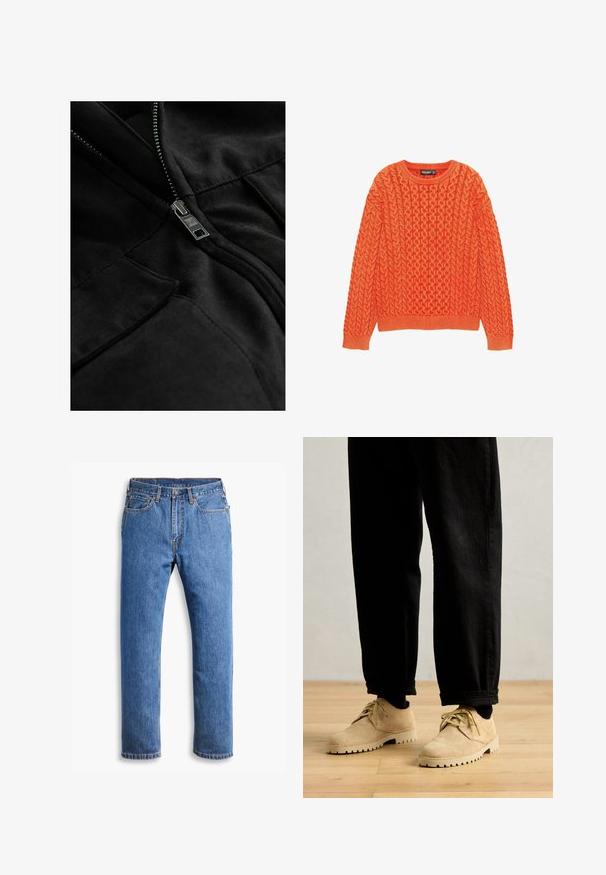 Mustat fleece-takit, joissa on metallivetoketju, kaksi taskua ja sileä pinta, jossa on hienovaraisia ompelusarjoja.; Oranssi neulepaita, jossa on teksturoitu palmikkokuvio, pyöreä kaula-aukko ja resorit hihoissa sekä helmassa. Valmistettu pehmeästä ja lämpimästä kankaasta.; Siniset farkut suoran leikkuun kanssa, joissa on viisi taskua, napin kiinnitys ja oranssit ompeleet puhtaalla valkoisella taustalla.; Clarks Originals DESERT ROCK LO - Rennot nauhakengät - maple