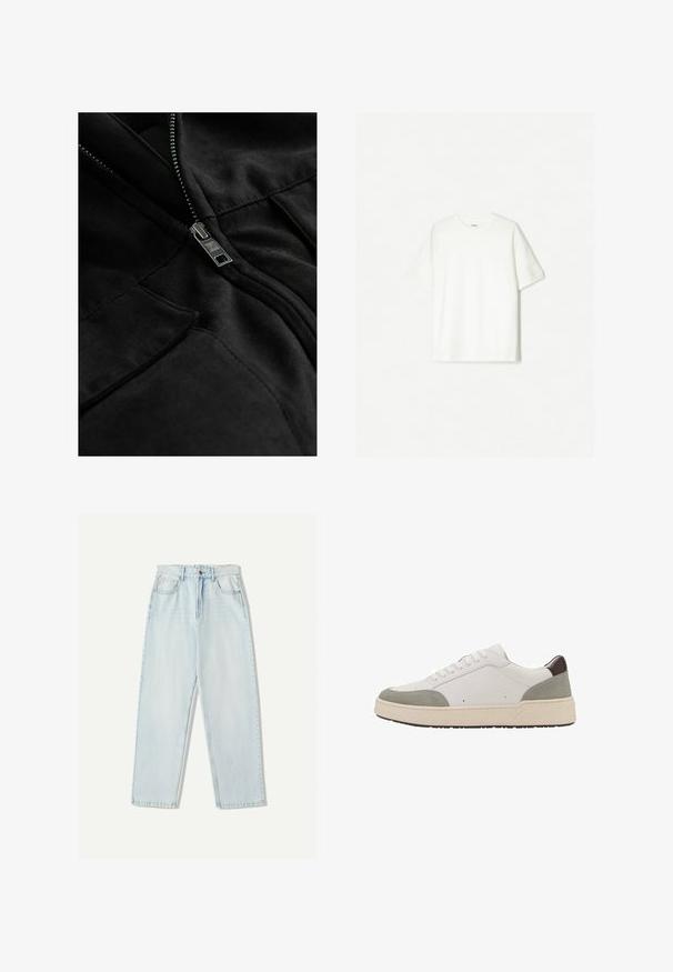 Schwarze Fleecejacke mit metallischem Reißverschluss, zwei Taschen und glatter Textur mit subtilen Nahtdetails.; Weißes T-Shirt mit kurzen Ärmeln aus weicher Baumwolle. Crew-Hals Design mit lässiger Passform und ohne sichtbare Logos oder Muster.; Helle blaue Denim-Jeans mit lässiger Passform, geradem Beindesign, Fünf-Taschen-Stil und dezentem Verblassen des Stoffes.; Weiße Sneakers mit grauen Wildleder- und dunkelbraunen Lederakzenten. Verfügt über ein Schnürdesign, eine abgerundete Zehenpartie, eine dicke weiße Gummisohle und minimalen Nähten.
