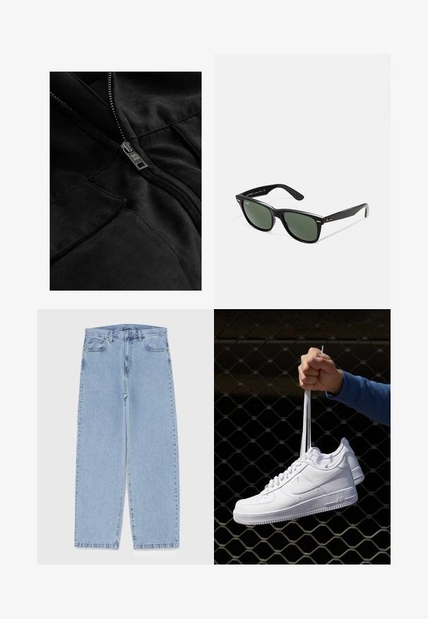 Czarna polarowa kurtka z metalowym zamkiem błyskawicznym, dwiema kieszeniami oraz gładką teksturą z subtelnymi detalami przeszycia.; Biały bawełniany top na ramiączkach z okrągłym dekoltem, szerokimi ramiączkami i prostym dołem, charakteryzujący się gładką teksturą i brakiem widocznych wzorów.; Jasnoniebieskie dżinsy o prostym kroju nogawki, z średnim stanem, pięcioma kieszeniami oraz zapięciem na guzik i zamek błyskawiczny.; Białe skórzane sneakersy z perforacjami, okrągłym noskiem, płaską podeszwą i grubymi sznurówkami, z widocznym logo swoosh i napisem „AIR” na pięcie.; Czarne plastikowe okulary przeciwsłoneczne z zielonymi szkłami, kwadratowe oprawki, srebrny akcent na brwi oraz fakturowane ramiona temple. Nazwa marki podana na wewnętrznej stronie ramion.