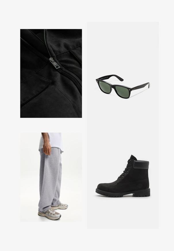Schwarze Fleecejacke mit metallischem Reißverschluss, zwei Taschen und glatter Textur mit subtilen Nahtdetails.; Weißes Baumwoll-T-Shirt mit kurzen Ärmeln, rundem Ausschnitt und geradem Schnitt. Glatte Textur ohne sichtbare Muster oder Akzente.; Graue Jogginghosen aus weichem Stoff, mit lockerer Passform und elastischem Bund. Kombiniert mit beigefarbenen und grauen Sport-Schuhen.; Schwarze geschnürte Knöchelboots mit gepolstertem Kragen und robustem Profil, im Profil vor einem weißen Hintergrund dargestellt.; Schwarze Plastiksonnenbrille mit grünen Gläsern, quadratischen Rahmen, silbernem Akzent auf der Augenbraue und strukturierten Bügeln. Angegebene Marke auf dem inneren Bügel.