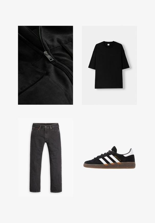 Črna flis jakna z metalnim zadrgo, dvema žepoma in gladko teksturo z subtilnimi šivi.; Črna bombažna majica s kratkimi rokavi, okroglim izrezom in sproščenim krojem. Gladka tekstura in minimalistična zasnova, brez vzorcev ali dodatkov.; Črne kavbojke ravne noge z petimi žepi, z gumbom za zapiranje in bakrenimi zakovicami, razpete na beli podlagi.; Črne Adidas superge z belimi črtami, zlatim napisom "Spezial", gumo podplatom in belim petnim delom, prikazane v stranskem pogledu.