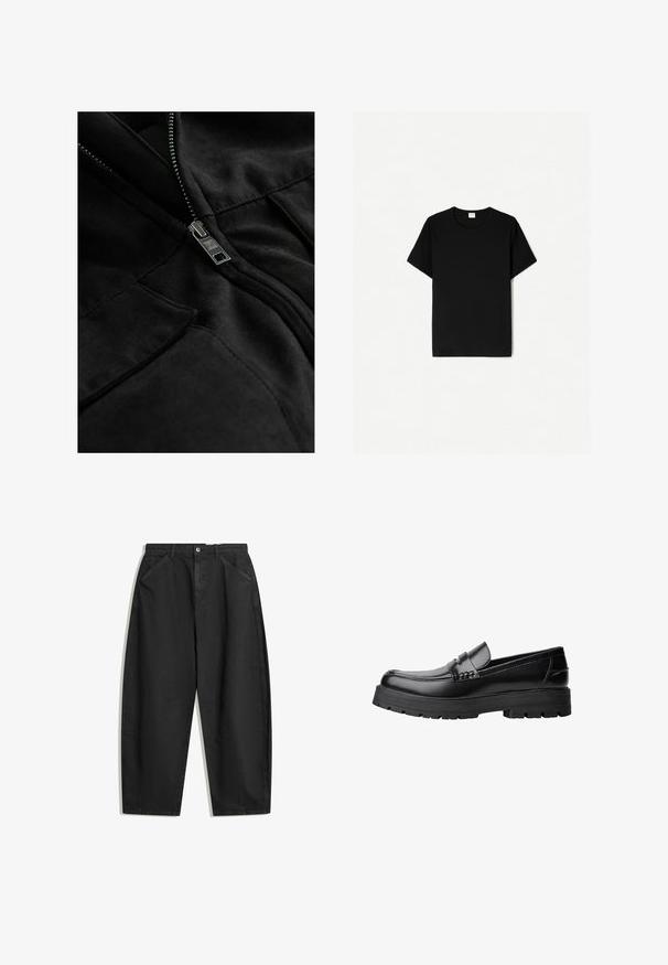 Zwarte fleece jas met een metallic ritssluiting, twee zakken en een gladde textuur met subtiele stikdetails.; Zwarte korte mouwen t-shirt, met een ronde halsontwerp, gemaakt van zacht katoen, met een gladde textuur en zonder zichtbare patronen of accenten.; Zwarte wijde pantalon van katoen, met een hoge taille, voorzakken en subtiele stiksels. Soepele textuur zonder patronen.; Zwarte leren loafer met een chunky profielzool en een decoratieve band over de bovenkant, weergegeven in het linkerzijprofiel op een witte achtergrond.