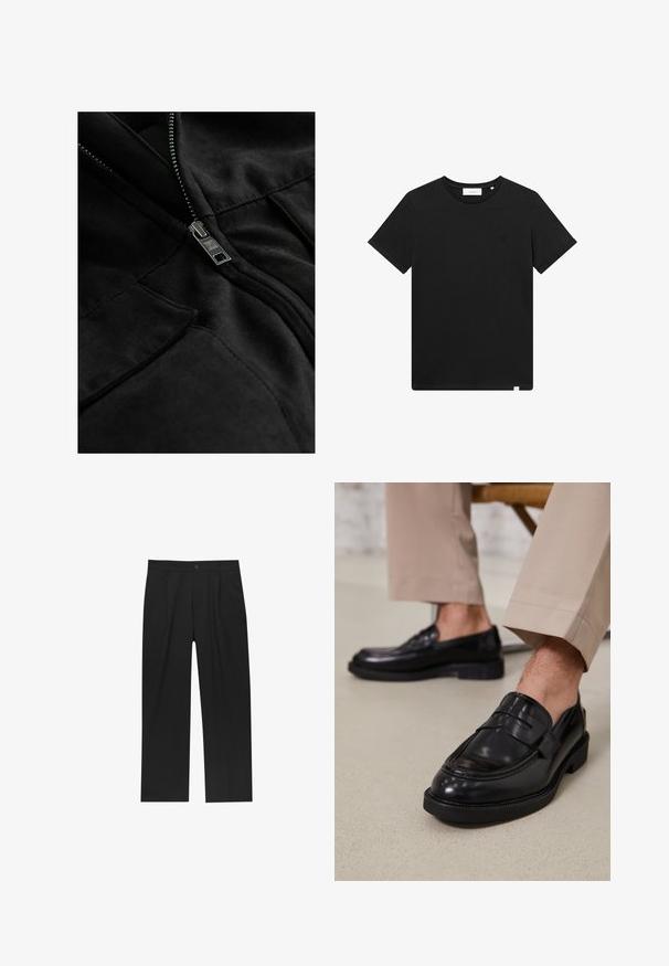 Svart fleecejacka med metallblixtlås, två fickor och en mjuk textur med subtila sömnadsdetaljer.; Svart kortärmad T-shirt i bomull, med rund hals och en liten logotyp broderad på bröstet. Slät textur, standard passform.; Svarta byxor med rak ben-design, tillverkade av ett jämnt tyg. Har framfickor och en enkel knapplåsning i midjan.; Svarta läder loafers med en slät finish, prydda med en dekorativ rem och kontrastsöm, tillsammans med beiga byxor.