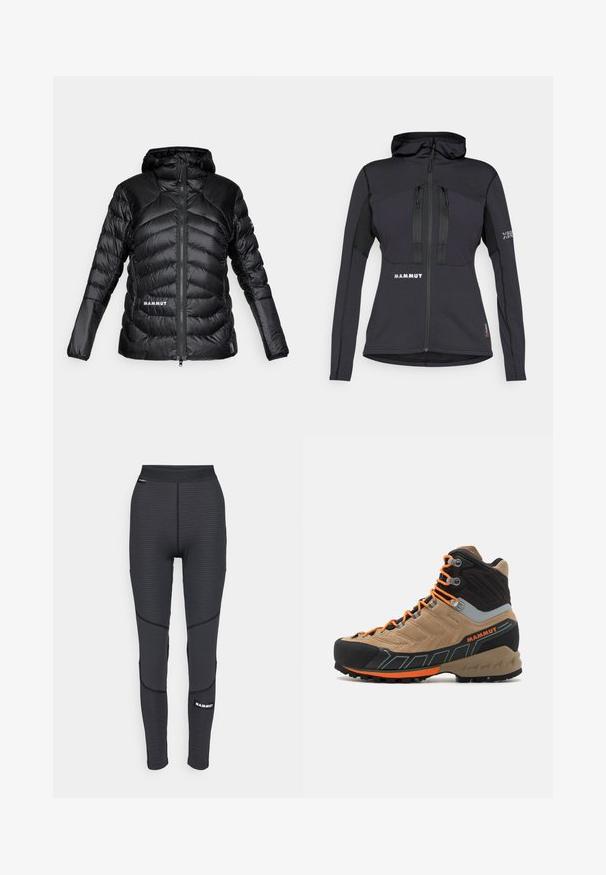 Črna puhovka s kapuco, izdelana iz lahkega materiala, ki vključuje kvadratne dele, sprednji zadrgo ter logo "MAMMUT" na robu in rami.; Črna športna jakna s kapuco, z žepi na zadrgo in teksturirano ploščo na rokavih. Logotip spredaj in na rokavu. Material zasnovan za fleksibilnost.; Črna brezrokavna majica z strukturiranim vzorcem, ki ima okrogel ovratnik in na sprednji strani logo "MAMMUT". Narejena je iz zračnega materiala.; Črne športne legice z teksturiranimi paneli in ojačanim šivom, ki imajo blagovno oznako in širok, elastičen pas.; Bež in črne visoke pohodne čevlje z oranžnimi vezalkami, gumijastim prednjim delom, teksturirano zgornjo površino in robustnim podplatom. Imajo ojačano podporo za gleženj.
