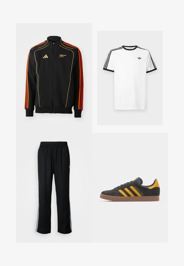 Casaco preto com fecho tipo zip e detalhes em dourado e laranja. Apresenta três riscas laranja nas mangas e um logótipo no peito. Feito de tecido macio.; T-shirt de algodão branco com decote e mangas caneladas pretas, apresentando três riscas pretas em cada ombro e um pequeno logotipo no peito.; Calças atléticas pretas com um cós elástico, apresentando riscas brancas laterais e um pequeno logótipo. O material parece macio e leve.; Tenis em camurça preta com detalhes amarelos, apresentando três riscas e uma sola de borracha castanha. Inclui uma língua acolchoada para maior conforto.