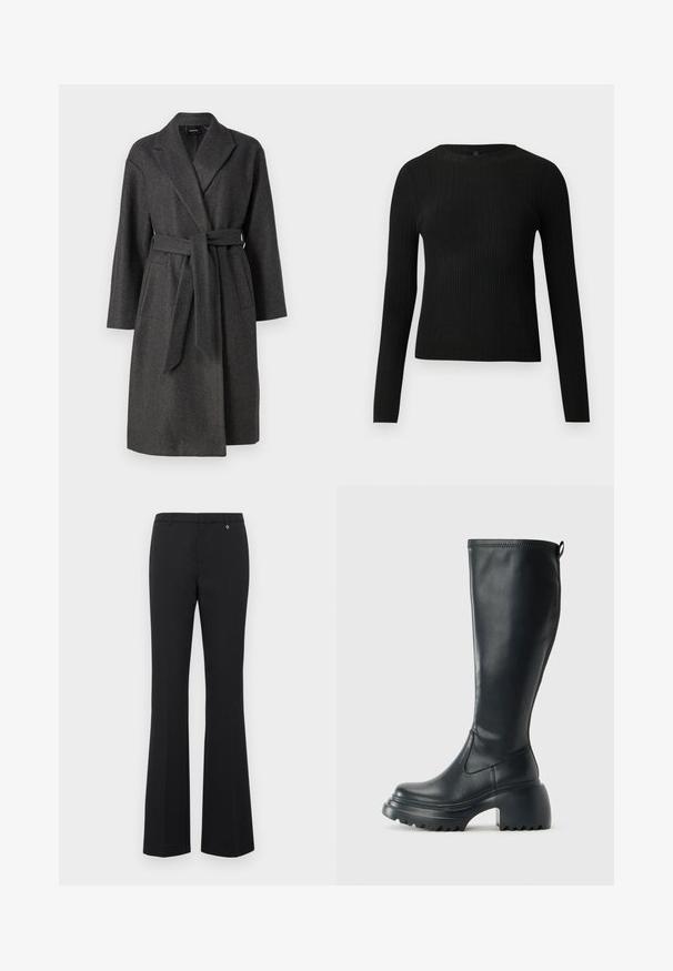 Szürke gyapjú keverék kabát, hajtókával, hosszú ujjaival, övvel és két elülső zsebével. Simább anyag és térdhez érő kialakítás.; Fekete bordázott, hosszú ujjas, testhez simuló pulóver kerek nyakkivágással, világos, egyszínű háttér előtt kiemelve.; Fekete, lágy anyagból készült, trapéznadrág. Közepes derekú, övhurkokkal, lapos elülső résszel és egy kis arany díszítéssel a derékpánt közelében.; Magas fekete bőrcipő, vastag platform talppal és blokk sarokkal, húzófüllel és texturált profillal az outsole-on.
