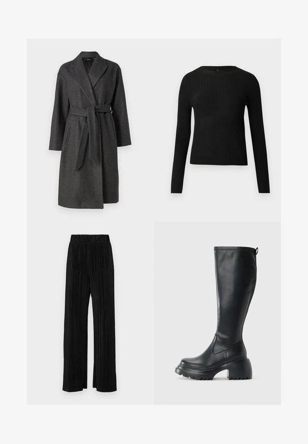 Sivý kabát zo zmesi vlny s klopovým golierom, dlhými rukávmi, opaskom a dvoma prednými vreckami. Hladká textura a dizajn po kolená.; Čierny rebrovaný pulóver s dlhým rukávom, priliehajúci, s okrúhlym výstrihom, vystavený na jednoduchom svetlom pozadí.; Čierne plisované nohavice s elastickým pásom. Majú široké nohavice a hladkú, textúrovanú látku s vertikálnymi pruhmi.; Vysoká čierna kožená čižma s masívnou platformou a blokovým podpätkom, s praktickým pútkom a textúrovaným vzorom na podošve.