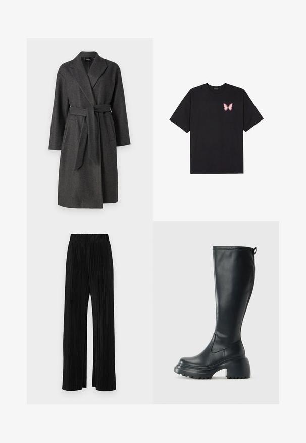 Cappotto grigio in misto lana con colletto a puntale, maniche lunghe, cintura a fusciacca e due tasche frontali. Texture liscia e design fino al ginocchio.; T-shirt nera in cotone con maniche corte, caratterizzata da una piccola grafica di una farfalla rosa sul lato sinistro del petto. Design a girocollo con una vestibilità rilassata.; Pantaloni neri a plissé con vita elasticizzata. Presentano gamba ampia e un tessuto liscio e texture con strisce verticali.; Stivale lungo in pelle nera con suola piatta robusta e tacco a blocco, dotato di linguetta e battistrada testurizzato sulla suola.