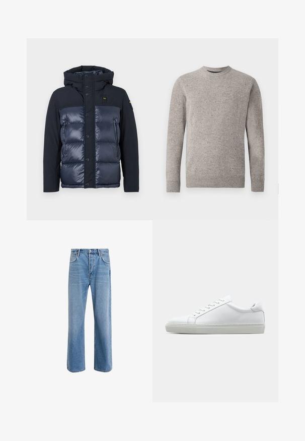 Navy puffer jacket with a hood. Features a quilted finish, button closure, and a side zip pocket. Made of shiny and matte fabric.; Light gray knitted sweater with a crew neckline, long sleeves, and ribbed cuffs and hem. Textured pattern with flecks of color.; Light blue denim jeans with a straight-leg design, five pockets, button closure, minimal fading, and contrasting stitching details.; White sneaker with a smooth leather upper and a low profile. Features a rounded toe, six eyelets, and a textured rubber sole.