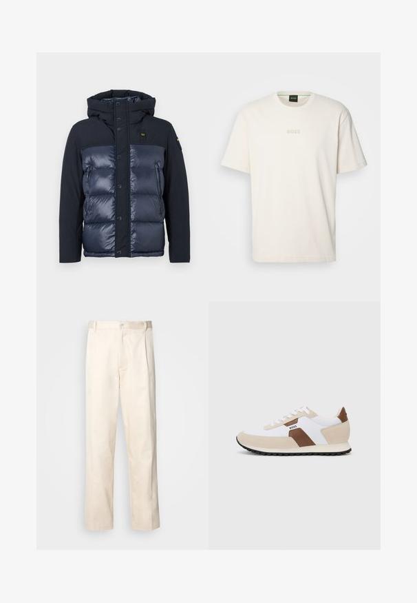 Chaqueta de plumas azul marino con capucha. Presenta un acabado acolchado, cierre de botones y un bolsillo lateral con cremallera. Está hecha de una tela brillante y mate.; BOSS TEE - Camiseta básica - open white; Pantalones de algodón beige con corte recto, que cuentan con un cierre de botón y pliegues en la parte frontal para un detalle adicional.; Zapatillas que combinan malla blanca y gamuza beige, con un acento de cuero marrón. Punta redondeada, suela de goma plana y diseño con cordones.