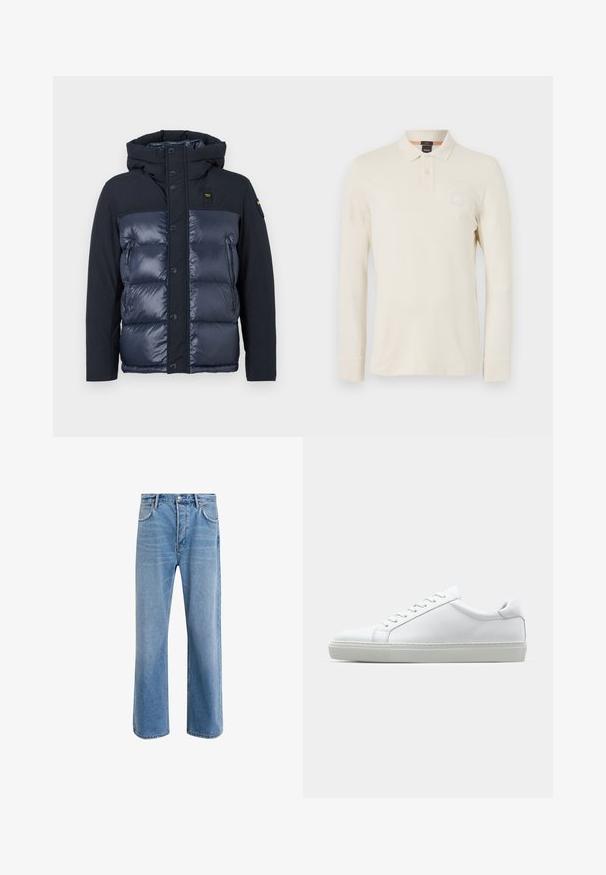 Granatowa kurtka puchowa z kapturem. Posiada pikowaną powierzchnię, zapięcie na guziki oraz boczną kieszeń na zamek. Wykonana z błyszczącej i matowej tkaniny.; Koszulka polo z długim rękawem w jasnym beżowym kolorze, wykonana z gładkiego materiału, z kołnierzykiem polo, zapięciem na dwa guziki oraz małą naszywką z logo na piersi.; Jasnoniebieskie dżinsy o prostym kroju, pięć kieszeni, zapięcie na guzik, minimalne blaknięcia i kontrastowe wykończenia szwów.; Białe sneakersy z gładką skórzaną cholewką i niskim profilem. Posiadają okrągły nos, sześć dziurek na sznurówki oraz teksturowaną gumową podeszwę.
