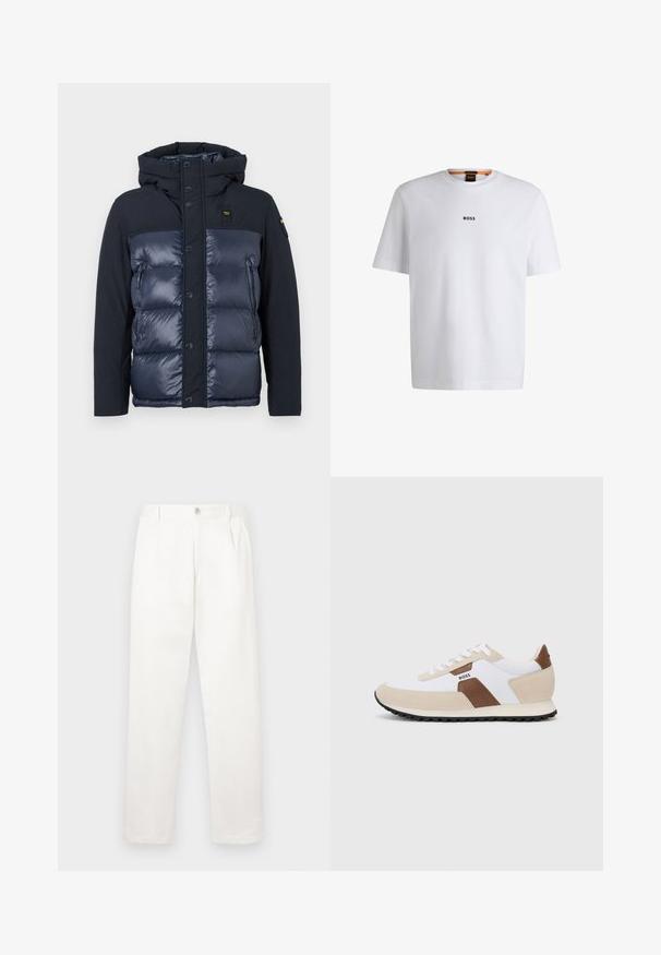 Marineblauer Steppjacke mit Kapuze. Verfügt über eine gesteppte Oberfläche, Knopfverschluss und eine seitliche Reißverschlusstasche. Hergestellt aus glänzendem und mattem Stoff.; Weißes Baumwoll-T-Shirt mit kurzen Ärmeln, ausgestattet mit einem schwarzen "BOSS"-Logo, das mittig auf der Brust platziert ist, und einem runden Halsausschnitt.; Weiße Hose aus glattem Gewebe, mit geradem Bein, Vorderfalten und einem einzelnen Knopfverschluss an der Taille.; Sneaker aus einer Mischung von weißem Mesh und beigem Wildleder, mit einem Akzent aus braunem Leder. Runde Zehenform, flache Gummisohle und Schnürdesign.