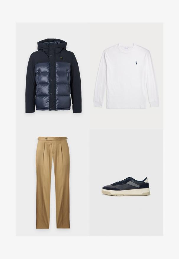 Tumesinine puffja jope kapuutsiga. Omab tikitud viimistlust, nööbikinnitust ja külje lukuga taskut. Valmistatud läikivast ja mattmaterjalist.; Valge pika varrukaga T-särk, millel on puuvillane kangas. Omab ümmargust kaelust, soonikuid mansette ja väikest tumesinist polo logo vasakul rinnaosas.; Beežid püksid sirge lõikega, millel on voldid, nööpkinnitus ja vööaasad. Sile kangas puhta ja viimistletud väljanägemisega.; BOSS BALTIMORE - Tossud - open blue