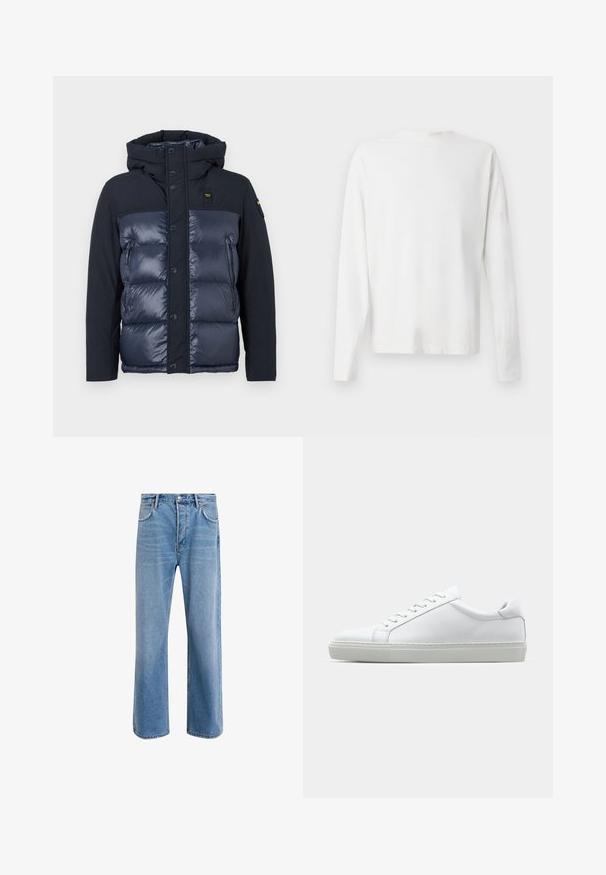Navy puffer jacket with a hood. Features a quilted finish, button closure, and a side zip pocket. Made of shiny and matte fabric.; Long-sleeved white cotton shirt with a round neckline, side slits at the bottom, and a smooth texture, displayed from the back.; Light blue denim jeans with a straight-leg design, five pockets, button closure, minimal fading, and contrasting stitching details.; White sneaker with a smooth leather upper and a low profile. Features a rounded toe, six eyelets, and a textured rubber sole.