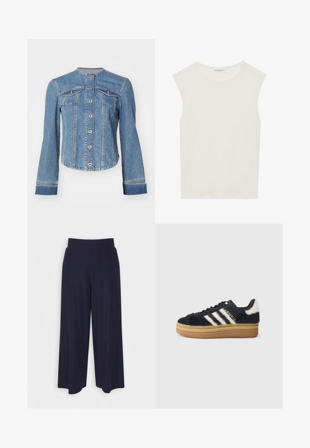 Šviesiai mėlynas džinsinis švarkas su mandarinų tipo apykakle, priekyje užsegamas mygtukais, su dviem krūtinės kišenėmis ir ilgomis rankovėmis su rankogaliais. Šiek tiek trumpesnis modelis.; Balta be rankovių palaidinė su apvaliu kaklu. Pagaminta iš lygios medžiagos, ji turi laisvą siluetą ir minimalistinį dizainą. Be raštų ar akcentų.; Plati kojinės tamsiai mėlynos spalvos audiniu su vagelėmis. Turi lygų juosmenį ir laisvą siluetą, kuris siekia iki pusės blauzdos.; Juodi plaukoti sportbačiai su baltais raštais ir auksinėmis užrašais, turintys storą guminį padu ir tekstūruotą viršų. Papuošti puriu užnugariu.