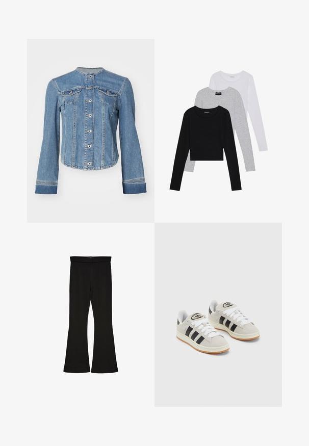 Svetlo modra jeans jakna z mandarin ovratnikom, sprednjim gumbom, dvema žepoma na prsih in dolgimi rokavi s manšetami. Rahlo skrajšan kroj.; Tri dolga rokava zložena: črna, siva in bela. Vsaka ima okroglo izreznico in skrajšan dizajn z gladkim, lahkotnim materialom.; Črne flare leggings iz raztegljive tkanine. Imajo širok pas in gladko teksturo, s prilegajočo silhueto, ki se na robu razširi.; Sive športne čevlje iz semiša z belimi vezalkami, črnimi črtami in belim gumijastim podplatom. Imajo okroglo oznako na ježku in podplat iz gume.