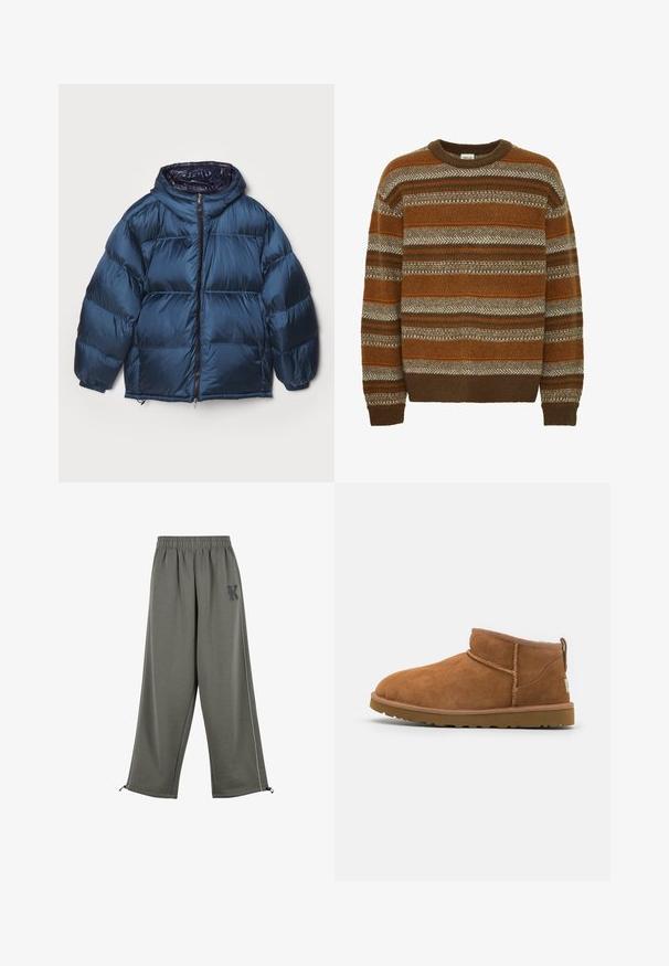 Filippa K PUFFER JACKET - Bunda z prachového peří - dawn blue/navy; Solid SDMAXWELL - Svetr - slate black; Karl Kani KK OS SIDESTRIPE - Kalhoty - grey; Světlé semišové kotníkové boty s kulatou špičkou, jemnými švy a texturovanou gumovou podrážkou. Krátká výška bez šněrování.