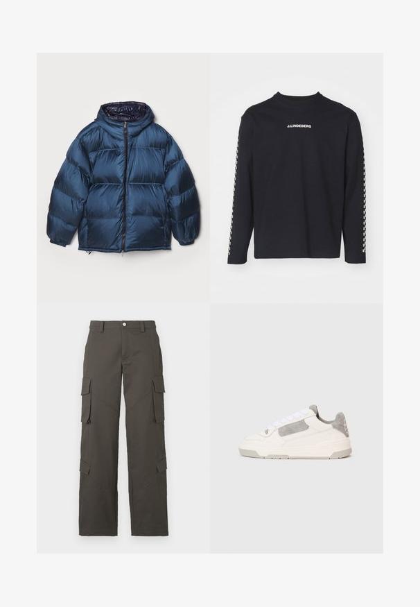 Filippa K PUFFER JACKET - Down jacket - dawn blue/navy; Long-sleeve black T-shirt made from cotton, featuring a crew neckline and J.Lindeberg logo on the chest, with a checkered pattern on sleeves.; Dark gray straight-leg cargo pants with button closure and four flap pockets, two on thighs and two near calves.; White and light gray low-top sneaker with white laces and suede accents, shown from the side on a plain light background.