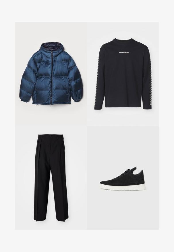 Filippa K PUFFER JACKET - Chaqueta de plumas - dawn blue/navy; Camiseta negra de manga larga hecha de algodón, con un cuello redondo y el logo de J.Lindeberg en el pecho, y un patrón a cuadros en las mangas.; Pantalones negros plisados con un diseño recto y de pierna ancha. Fabricados en una tela suave, presentan un cierre de botón y trabillas para el cinturón.; Zapatilla de ante negra con suela de goma blanca, que presenta costuras en el mismo tono y un diseño de cordones. Textura suave con una forma moderna y aerodinámica.