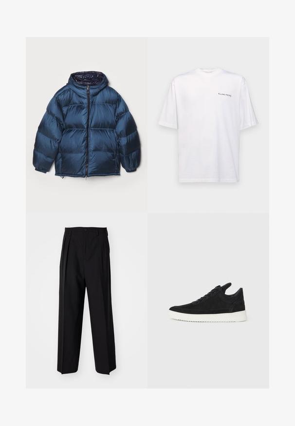Filippa K PUFFER JACKET - Dūnu jaka - dawn blue/navy; Baltas īsām piedurknēm T-kreklis no kokvilnas ar V veida kakla izgriezumu, uz kura kreisajā pusē ir melns "FILLING PIECES" logo.; Melnas plisētās bikses ar taisnu, plata kāja dizainu. Izgatavotas no gludas auduma, ar pogu aizdari un jostas cilpiņām.; Melna zamša apavi ar baltu gumijas zoli, ar tonālu izšuvumu un auklu dizainu. Gluda tekstūra ar mūsdienīgu, plūstošu formu.