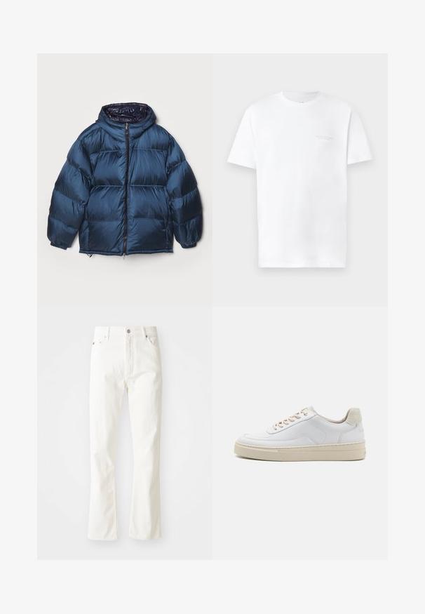 Filippa K PUFFER JACKET - Jachetă cu puf - dawn blue/navy; Tricou din bumbac alb, cu maneci scurte, decolteu rotund, având un imprimeu subtil de culoare gri pe partea stângă a pieptului și o textură netedă.; Jeans de denim alb cu talie înaltă, cu croiala evazată, buzunare frontale și accesorii din metal argintiu. Materialul are o textură fină, cu detalii de cusătură subtile.; Sneaker alb cu un superior din piele netedă, șireturi bej și un tab superior din suede bej texturat. Solea ridicată pentru o înălțime suplimentară.
