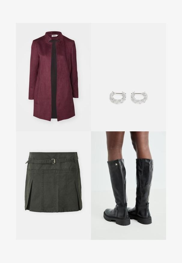 ONLY ONLSOHO LIFE  - Īss mētelis - burgundy; Gaišpelēka īsa adīta džemperis ar melnbaltiem ziedu rakstiem, apaļš dekoltē un ribotas piedurknes. Mīksta tekstūra, ikdienišķs dizains.; Tumši zaļa kokvilnas mini svārki ar pieguļošu jostasvietu, jostu un priekšējiem krokiem. Iekļauj šuvju detaļas un klasisku griezumu.; Melnas ādas zābaki līdz ceļiem ar gludu tekstūru, noapaļotu purngali, masīvu zoli un rāvējslēdzēju. Sānos atrodas sudraba logo.; Sudraba auskari ar cilindra formu, kuros ir novietoti taisnstūra un trīsstūra skaidri kristāli, sakārtoti apļa formā ar centrālo stiprinājumu.