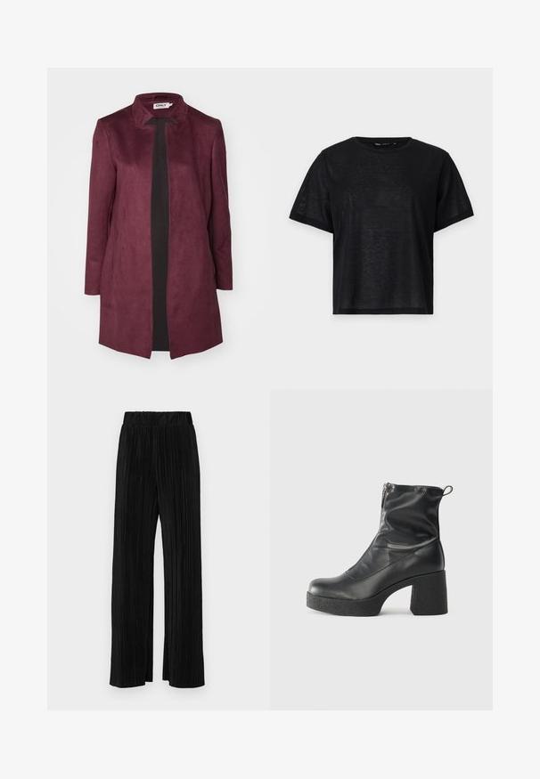 ONLY ONLSOHO LIFE - Cappotto corto - burgundy; T-shirt nera a maniche corte con una vestibilità rilassata, caratterizzata da una texture liscia e un collo a giro. Tessuto leggero con una leggera lucentezza.; Pantaloni neri a plissé con vita elasticizzata. Presentano gamba ampia e un tessuto liscio e texture con strisce verticali.; Stivali neri alla caviglia in pelle liscia, con zip laterale, tacco spesso e texture, e punta arrotondata.