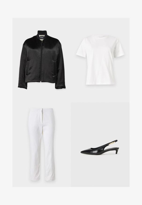 Černá bomber bunda vyrobená z hladkého, lesklého materiálu s příčným límcem, předním zipem a dvěma bočními kapsami. Žádné viditelné vzory ani akcenty.; Bílý bavlněný tričko s krátkým rukávem, kulatým výstřihem a volnějším střihem. Hladká textura, bez vzorů nebo akcentů, minimalistický design.; Bílé bavlněné kalhoty s rovnou nohavicou, s středně vysokým pasem a bez viditelných kovových prvků nebo vzorů. Hladká textura po celém povrchu.; Černé kožené boty na podpatku s otevřenou patou a špičatou špičkou, s tenkým podpatkem a zlatým akcentem na nastavitelném pásku. Hladký povrch.