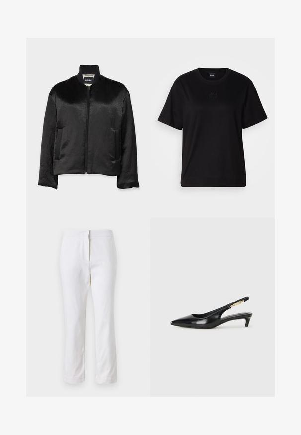 Čierna bomber bunda vyrobená z hladkej, lesklej tkaniny s rebrovaným golierom, predným zipsom a dvoma bočnými vreckami. Bez viditeľných vzorov alebo akcentov.; Čierne bavlnené tričko s okrúhlym výstrihom, krátkymi rukávmi a vyšívaným logom na hrudi. Jednoduchý, voľný strih bez vzorov.; Biele bavlnené nohavice so striedmym strihom, s pásom strednej výšky a bez viditeľných kovových prvkov alebo vzorov. Hladká textúra po celom obvode.; Čierne kožené slingback opätky s špicatou špičkou, s úzkym opätkom a zlatým detailom na nastaviteľnom remienku. Hladká textúra.