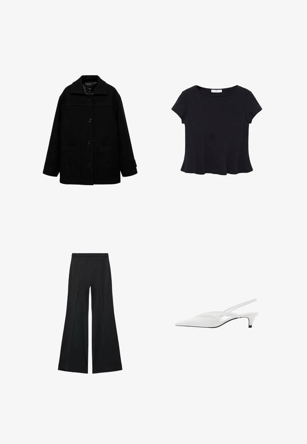 Jachetă din lână neagră cu amestec, având guler, închidere cu nasturi în față și două buzunare mari pe lateral. Croială lejeră cu o textură netedă.; Top scurt din material moale, de culoare neagră, cu decolteu rotund și tiv evazat, având detalii discrete de cusătură.; Pantaloni negri cu croială largă, având o textură netedă, cu pliseuri frontale și un design croit. Materialul este ușor și fluid.; Sandale albe cu toc slingback și vârf ascuțit, având un upper neted, decupaje subtile și un toc bloc mic. Talpa neagră accentuează designul.