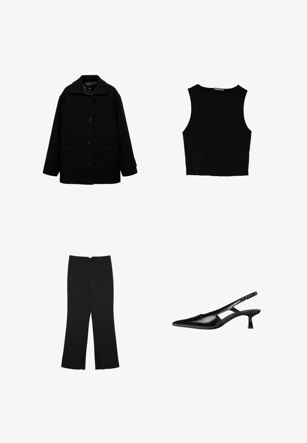 Črn jopič iz mešanice volne, ki ima ovratnik, sprednje zapiranje na gumbe in dve veliki stranski žepni. Ohlapen kroj z gladko teksturo.; Črn brez rokavov crop top, izdelan iz gladkega materiala, z okroglim izrezom in čistim, preprostim dizajnom brez vzorcev ali dodatkov.; Črne hlače ravnega kroja z naglavnimi žepi in stranskimi razporki na robu. Narejene iz mehke, gladke tkanine. Primerne za različne priložnosti.; Črne patentični usnjeni salonarji s slingback designom, z zašiljenim nosom, izrezanim stranskim dizajnom in majhnim kvadratnim peto. Gladka tekstura z minimalnimi detajli.