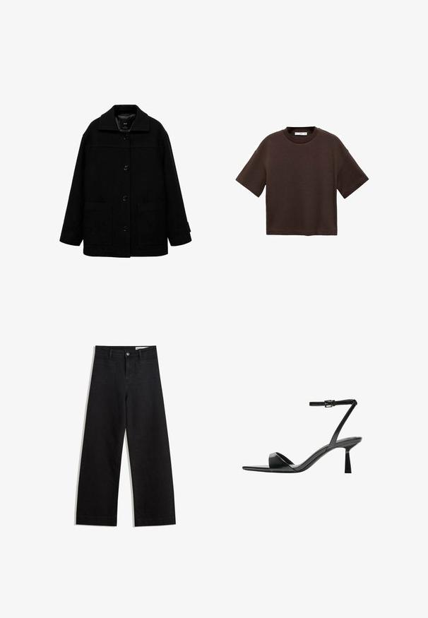 Zwarte wolblend jas met een kraag, sluiting met knopen aan de voorkant en twee grote zijzakken. Vrije pasvorm met een soepele textuur.; Bruine T-shirt met korte mouwen, gemaakt van zachte katoen. Heeft een ronde halslijn en een recht model, met een gladde textuur en geen zichtbare patronen.; Zwarte denim broek met wijde pijpen en een hoge taille, voorzien van voor- en achterzakken, gestikte naden en een knoopsluiting. Gladde textuur.; Bershka Sandalen met hoge hak - black