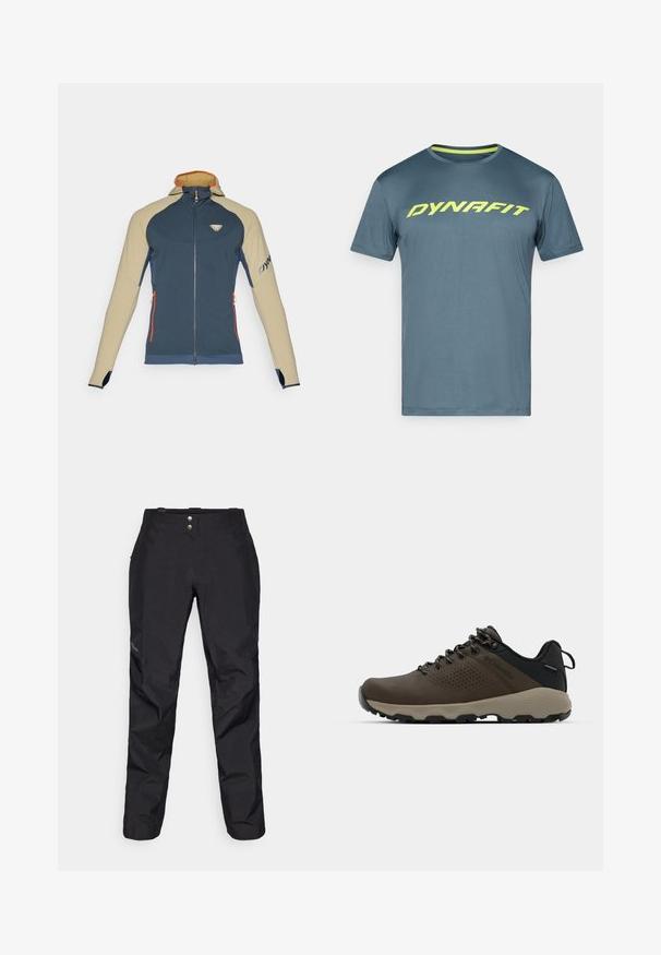 Blue and beige zip-up jacket with a hood, featuring orange accents, two side pockets, and a logo on the chest and sleeve.; Blue short-sleeve athletic shirt with neon yellow "DYNAFIT" logo across the chest, crew neck, and contrast yellow inner collar trim.; Black waterproof pants with a smooth texture, featuring two front buttons and a tapered leg design. Accented with a logo on the side.; Brown waterproof sneakers with a textured upper, perforated accents, black heel support, and a grey rubber sole. Laces are styled with metallic ends.