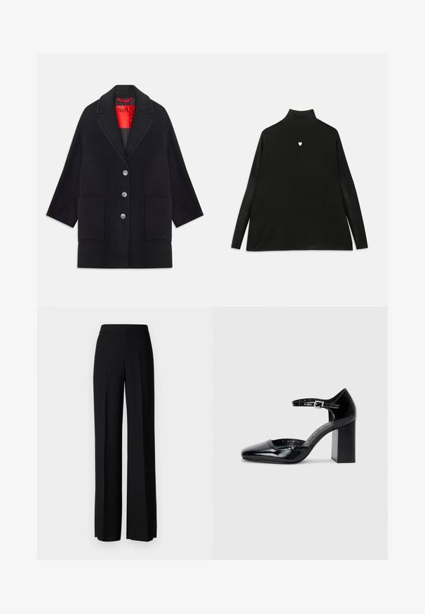 Schwarzer Wollmantel mit strukturiertem Design, langen Ärmeln, zwei Fronttaschen und fünf Knopfverschlüssen. Gefüttert mit leuchtend rotem Stoff.; Schwarzer Rollkragenpullover mit langen Ärmeln, ausgestattet mit einem kleinen weißen Herz-Emblem auf der Brust. Weicher Stoff und lockere Passform.; Schwarze weite Hosen mit einer glatten Textur, ausgestattet mit einem hohen Bund und mittleren Falten. Keine sichtbaren Muster oder Hardware-Details.; Schwarze patentierte Leder-High Heels mit quadratischer Zehenform, Knöchelriemchen und dicker Absatz. Enthält durchbrochene Details entlang des Randes.