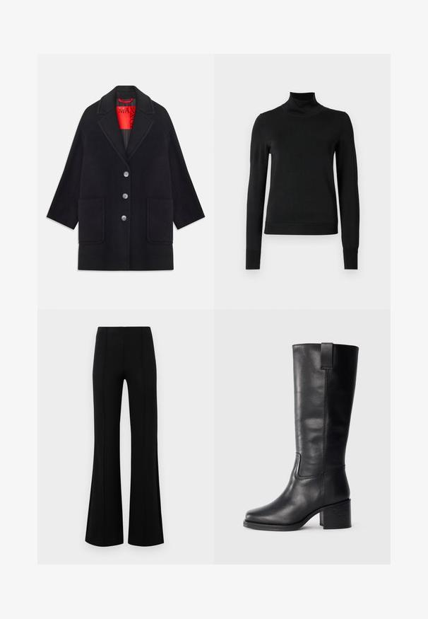 Schwarzer Wollmantel mit strukturiertem Design, langen Ärmeln, zwei Fronttaschen und fünf Knopfverschlüssen. Gefüttert mit leuchtend rotem Stoff.; Schwarzer Langarmrollkragenpullover mit gerippten Bündchen und Saum, auf einem schlichten weißen Hintergrund präsentiert.; Schwarze Schlaghose mit hoher Taille, aus dehnbarem Material. Mit vertikalen Nahtdetails auf der Vorderseite und einer glatten Textur.; Schwarze Lederstiefel bis zum Knie mit glatter Oberfläche, quadratischer Spitze, Blockabsatz und seitlichem Zugband, mit minimalistischen Nähdetails.