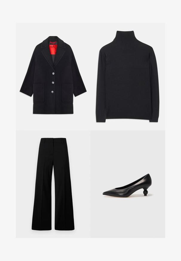 Must musträtik, millel on struktureeritud disain, pikad varrukad, kaks eesmist taskut ja viis nupukuulutust. Vooder rõõmsas punases kangas.; Must zwart pullovers, mis pehmeast kangast. Omab pikki varrukaid, kõrget kaelanupukest ning soonikute äärte ja alläärtega, et tagada mugav istuvus.; Mustad mustad jalad, mis on varustatud sileda tekstuuriga, struktureeritud vöökoht ja esiplekid. Minimalistlik disain, ilma nähtava riistvarata.; Must musta kõrge kontsaga king, millel on terav nina ja ümar, pallikujuline konts. Sile pind ja elegantne, minimalistlik disain.