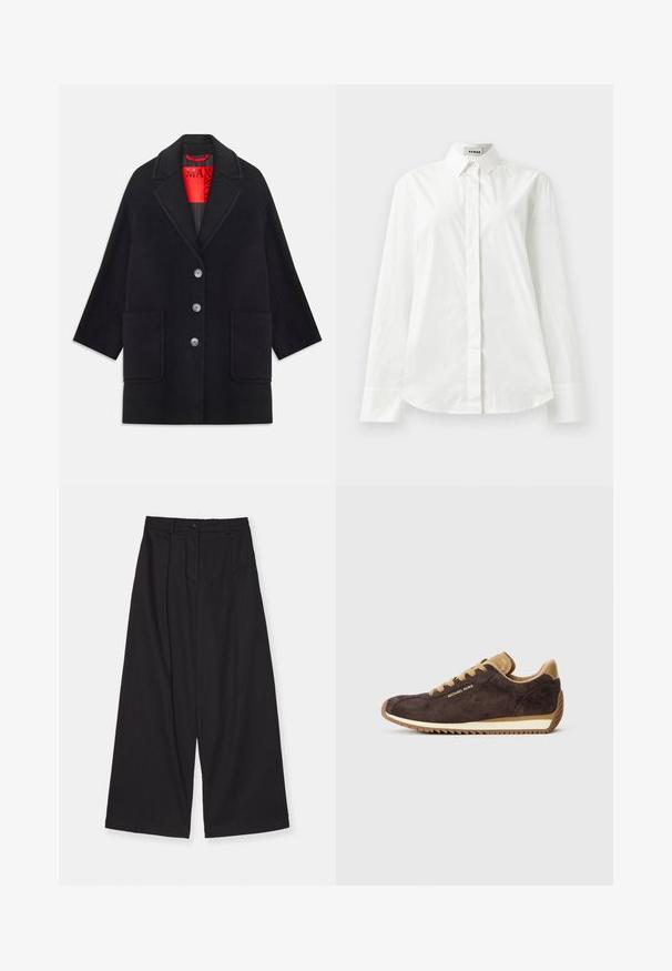 Cappotto di lana nera con un design strutturato, maniche lunghe, due tasche frontali e chiusura a cinque bottoni. Foderato con tessuto rosso brillante.; Camicia bianca in cotone a maniche lunghe con colletto a punta, chiusura anteriore con bottoni e orlo arrotondato. Tessuto liscio, vestibilità regolare e senza fantasie.; Pantaloni neri a gamba larga realizzati in un tessuto liscio, con vita alta, pieghe frontali, chiusura con bottone e silhouette dritta.; Sneaker in suede marrone con accenti in pelle color tan, presenta lacci tondi, suola in gomma beige e logo "Michael Kors" sul lato esterno.