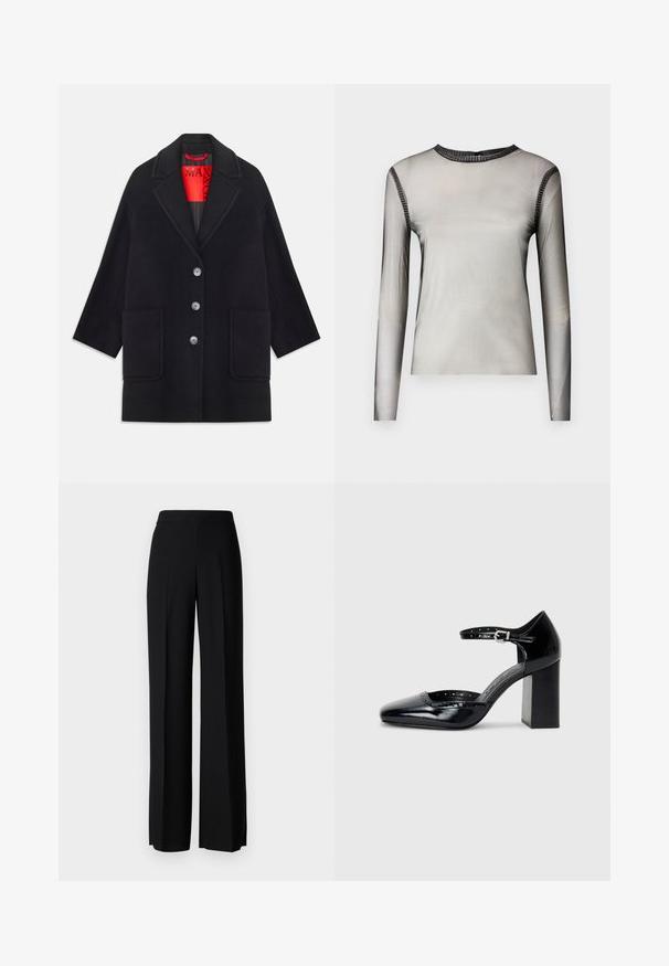 Zwarte wollen jas met een gestructureerd ontwerp, lange mouwen, twee voorzakken en vijf knoopsluitingen. Gevoerd met felrode stof.; Lange mouwen, doorschijnend grijze top met een ronde halslijn, voorzien van zwarte stenen accenten langs de kraag en schouders, gladde textuur.; Zwarte wijde broek met een gladde textuur, voorzien van een hoge tailleband en middelste plooien. Geen zichtbare patronen of hardware-details.; Zwarte lakleren hoge hakken met een vierkante neus, enkelbandje en een chunky hak. Inclusief geperforeerde details langs de rand.