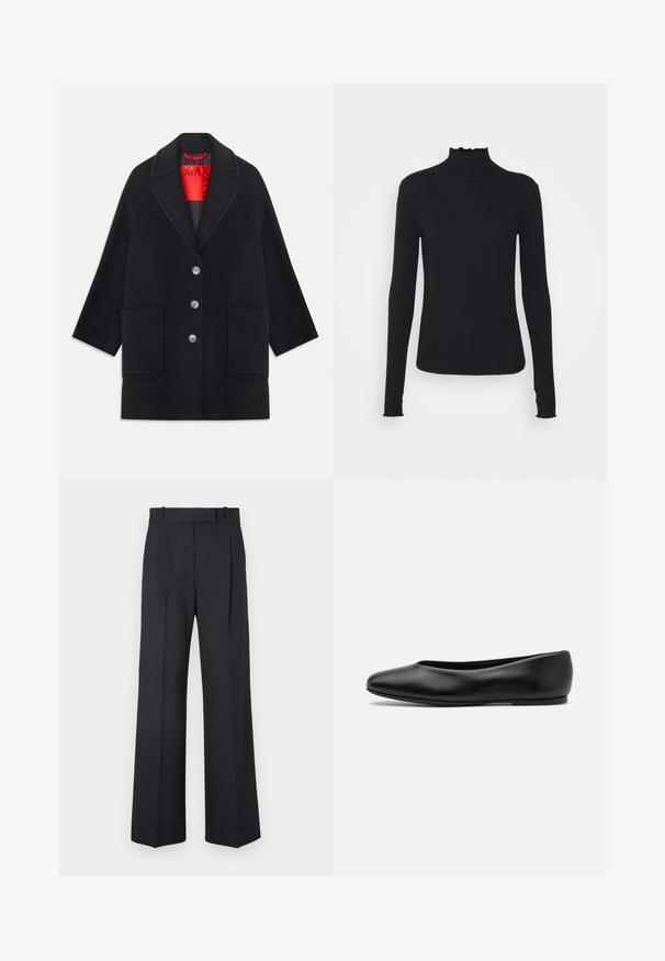 Black wool coat with a structured design, long sleeves, two front pockets, and five button closures. Lined with bright red fabric.; Black long-sleeve turtleneck top made of smooth fabric, featuring a ruffled neck and fitted silhouette with simple edges.; Dark blue pinstriped trousers with a high waist, wide leg design, and no visible hardware or embellishments. Smooth texture and tailored fit.; Paul Smith TOPANGA - Ballet pumps - black