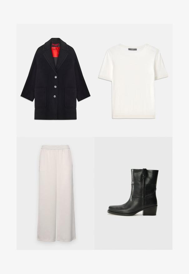 Must musträtik, millel on struktureeritud disain, pikad varrukad, kaks eesmist taskut ja viis nupukuulutust. Vooder rõõmsas punases kangas.; Valge lühikeste varrukatega soonikutega viimistletud ringkaelusega kampsun, millel on sile tekstuur.; Heledad beežid laiad püksid, millel on elastne vöökoht. Sile materjal, täispikkus, ei ole nähtavaid kaunistusi ega mustreid.; Musta nahast pahkluu saabas ümarate varvastega, plokknäppu, külgsepa ja pealsetel õmblusest aktsentidega. Sile tekstuur, klassikaline disain.