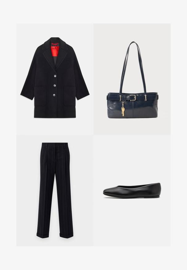 Černý vlněný kabát se strukturovaným designem, dlouhými rukávy, dvěma předními kapsami a pěti knoflíky na zapínání. Podšitý jasně červenou látkou.; Černý top bez rukávů s tenkými ramínky, vyrobený z žebrované tkaniny, se rovný střih a štítek na výstřihu s nápisem "IVY OAK."; Černé pruhované kalhoty s úzkým střihem, se zúženým lemem a předními sklady. Vyrobené z hladkého materiálu se strukturovaným designem.; Paul Smith TOPANGA - Klasické baleríny - black; Námořnická kožená kabelka s dvěma dlouhými uchy, detaily s přezkou a připevněným klíčenkou. Vyznačuje se hladkým povrchem a obdélníkovým tvarem.