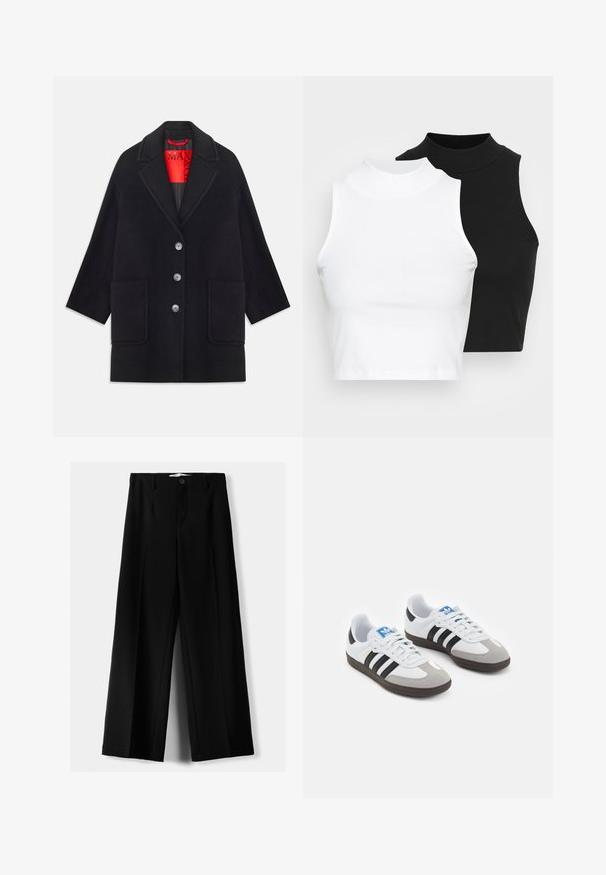 Manteau en laine noire avec un design structuré, manches longues, deux poches à l'avant et cinq boutons de fermeture. Doublé d'un tissu rouge vif.; Deux hauts sans manches en maille côtelée, en noir et blanc, dotés d'un design ajusté et d'une texture lisse, avec une longueur courte.; Pantalons larges noirs en tissu léger, avec une fermeture à bouton à l'avant et un devant plat, dotés d'ourlets soigneusement cousus.; Baskets avec une tige en cuir blanc, un bout en daim gris et trois bandes noires. Présente un logo bleu sur la languette et une semelle en caoutchouc texturée.