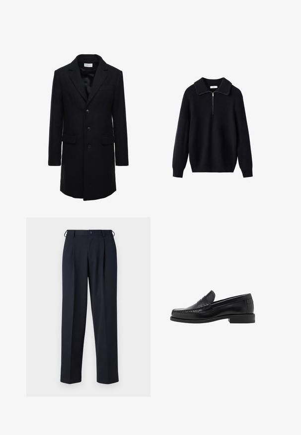 Dark navy wool coat with a tailored fit, single-breasted design, peak lapels, and two front pockets, featuring a button closure.; Black knitted sweater featuring a ribbed texture, a wide collar, and a half-length zipper at the front. Long sleeves and a relaxed fit.; Light blue button-up shirt with long sleeves, a pointed collar, and white buttons. Features a patterned interior collar. Smooth fabric texture.; Navy blue trousers made of a smooth fabric, featuring a straight cut, pleated front, and a button closure at the waist.; Black leather loafers with a smooth finish, stitched detailing on the toe, and a low heel design for comfort and style.