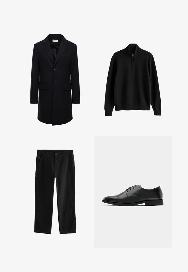 Cappotto in lana di un blu scuro, con una vestibilità su misura, design a un petto, revers a punta e due tasche frontali, dotato di chiusura con bottone.; Pullover nero a maniche lunghe con colletto a mock neck a coste e chiusura con mezza cerniera, polsini a coste e fondo a coste.; Pantaloni in cotone neri con design a gamba dritta, caratterizzati da una chiusura frontale con bottone, tasche laterali angolate e dettagli di cucitura discreti.; Scarpa da uomo in pelle nera con punta rotonda, design con lacci, dettagli di cucitura discreti e tacco basso. Texture liscia con finitura lucida.