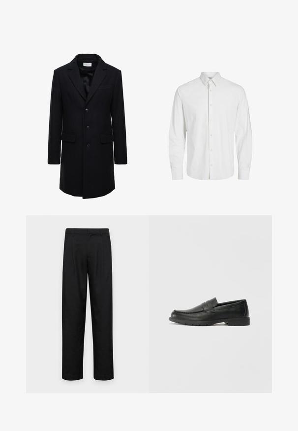 Cappotto in lana di un blu scuro, con una vestibilità su misura, design a un petto, revers a punta e due tasche frontali, dotato di chiusura con bottone.; Camicia bianca a maniche lunghe realizzata in leggero cotone. Presenta un colletto classico, chiusura frontale con bottoni e polsini con bottone. Texture liscia.; Pantaloni neri realizzati in tessuto liscio, caratterizzati da un taglio dritto, due pieghe frontali e una vita standard con passanti per la cintura.; Mocassini neri in pelle con una finitura liscia, parte superiore in stile mocassino, dettagli cuciti e suola in gomma. Design classico con tacco basso.